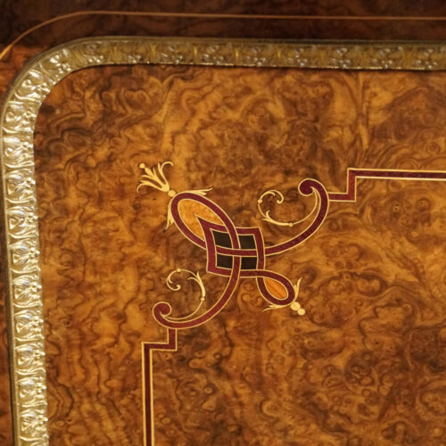 Victorian inlaid walnut credenza door detail