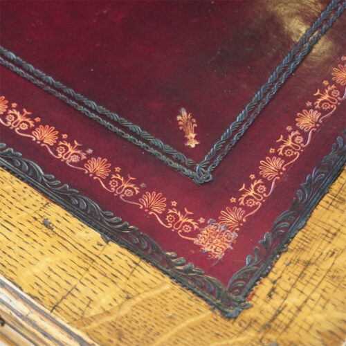 Victorian oak pedestal desk detail leather