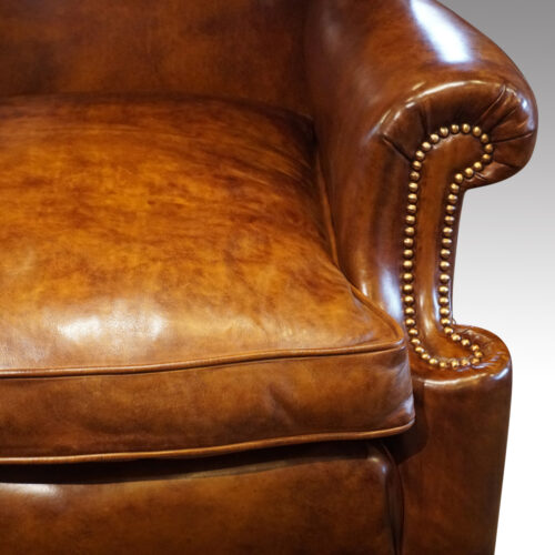 Antique walnut high back leather wingback chair arm