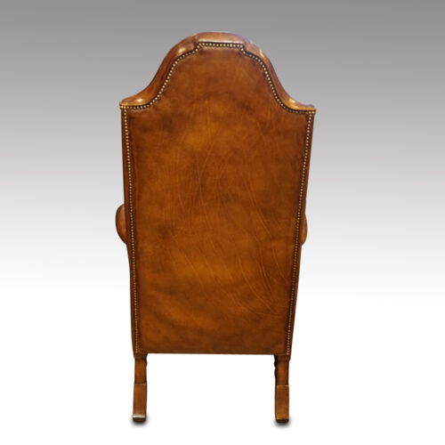 Antique walnut high back leather wingback chair rear