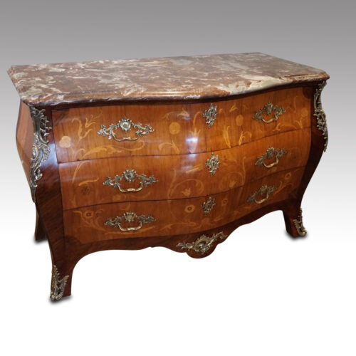 Continental marquetry bombe commode at angle