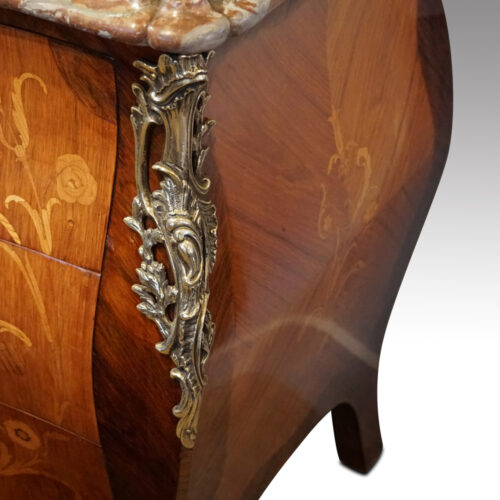 Continental marquetry bombe commode corner mount