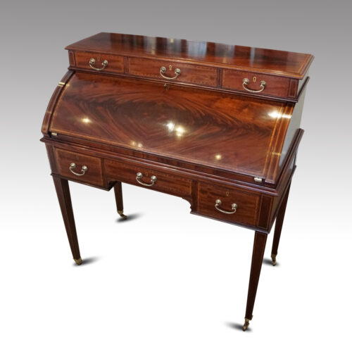 Edwardian mahogany inlaid cylinder bureau at angle