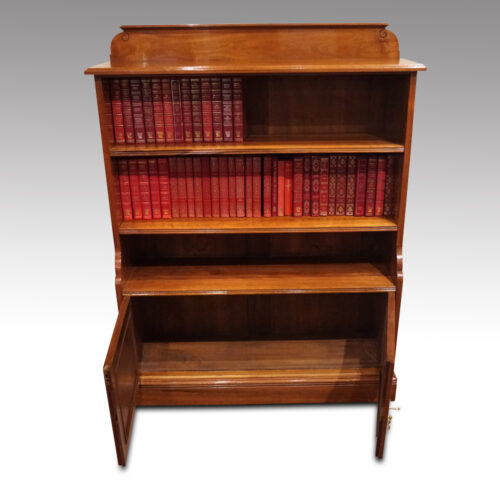 Pair of Edwardian walnut open bookcases front cupboard doors open