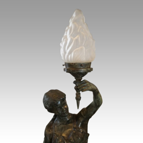 Pair of bronze lanterns detail flame glass
