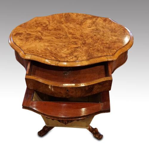 Victorian oval walnut work table interior