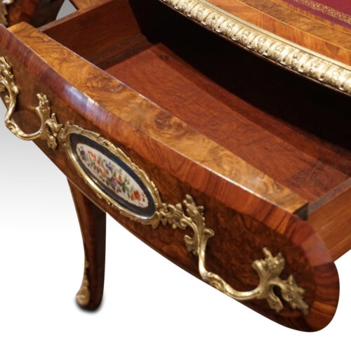 Victorian walnut inlaid writing table drawer open