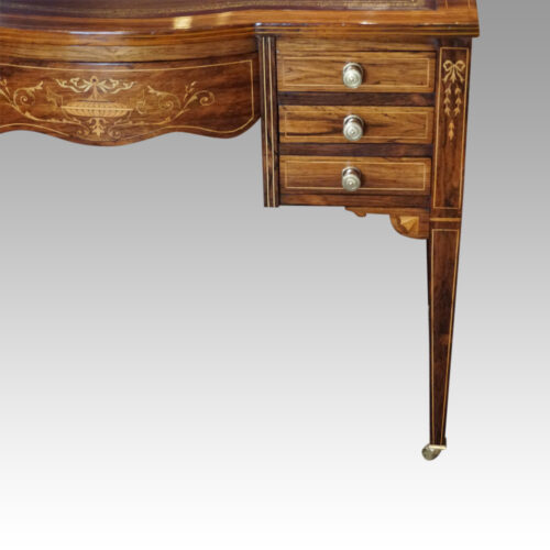 Edwardian inlaid rosewood writing table small drawers