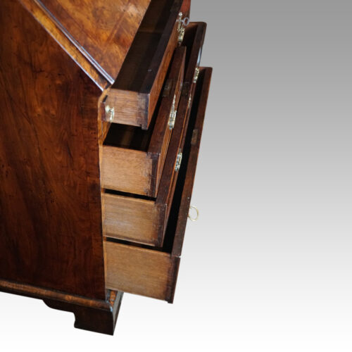 George I walnut double dome bureau bookcase drawers open
