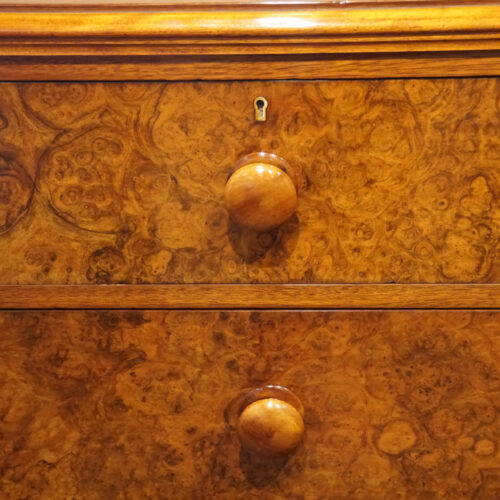 Victorian burr walnut chest of drawers knob detail