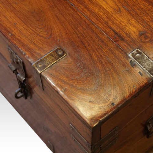 Victorian iron bound military chest corner