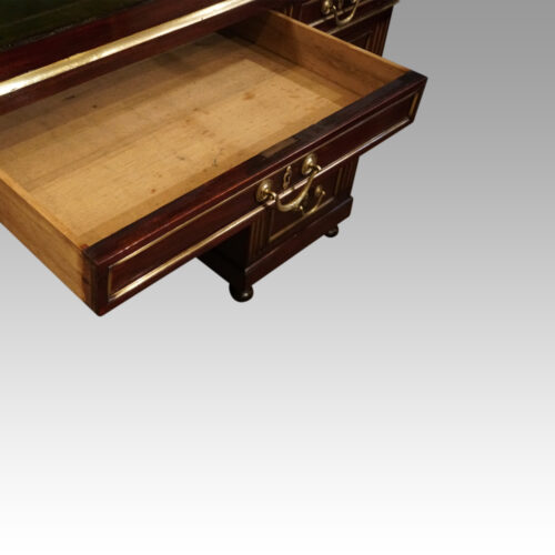 Antique brass mounted mahogany desk drawer open
