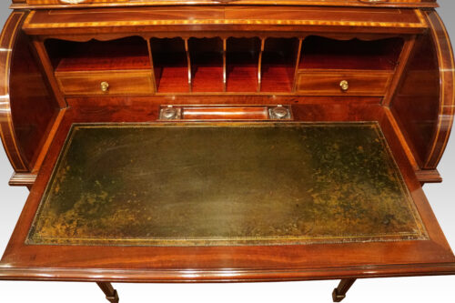 Edwardian inlaid mahogany cylinder desk leather writing surface