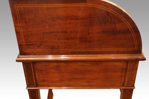 Edwardian inlaid mahogany cylinder desk side detail