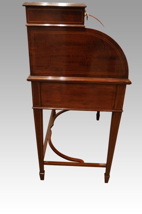 Edwardian inlaid mahogany cylinder desk side view