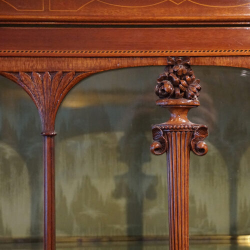 Edwardian inlaid mahogany display cabinet door carving