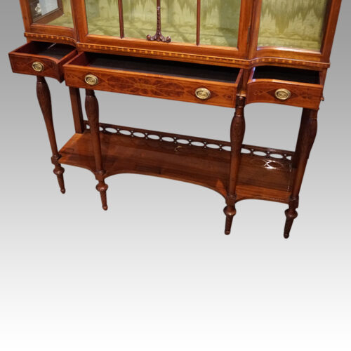 Edwardian inlaid mahogany display cabinet drawers open