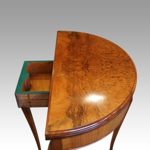 George V walnut demi lune cardtable drawer open