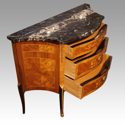 Continental marquetry concave chest drawers open