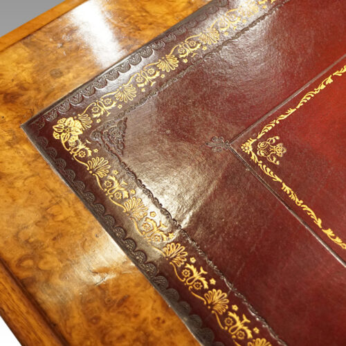 Victorian burr walnut pedestal desk leather detail