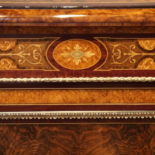 Victorian inlaid walnut credenza apron detail inlay