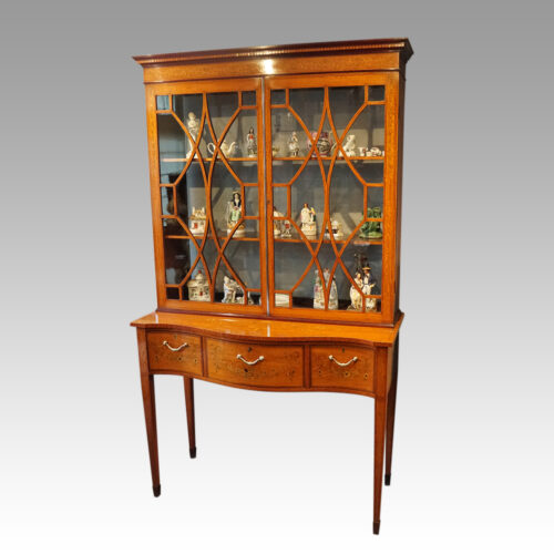 Victorian satinwood inlaid display cabinet at angle