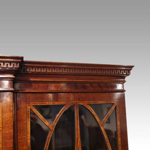 George V mahogany breakfront bookcase cornice detail