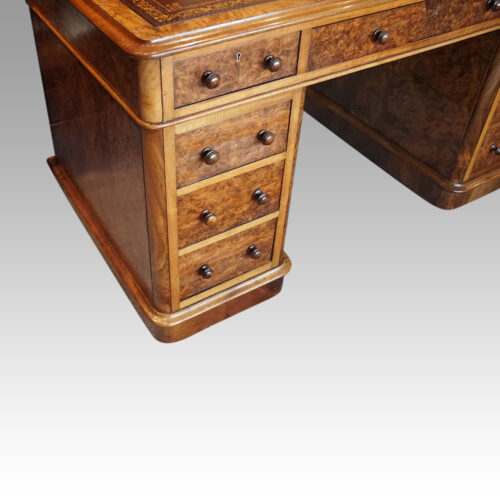 Victorian burr walnut pedestal desk angle corner