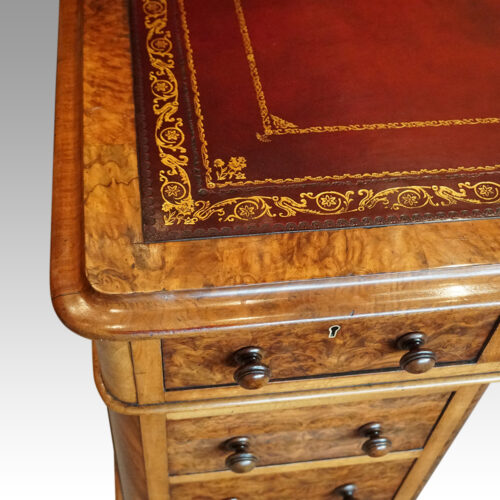 Victorian burr walnut pedestal desk tooling detail