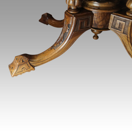 Victorian inlaid walnut coffee table base detail