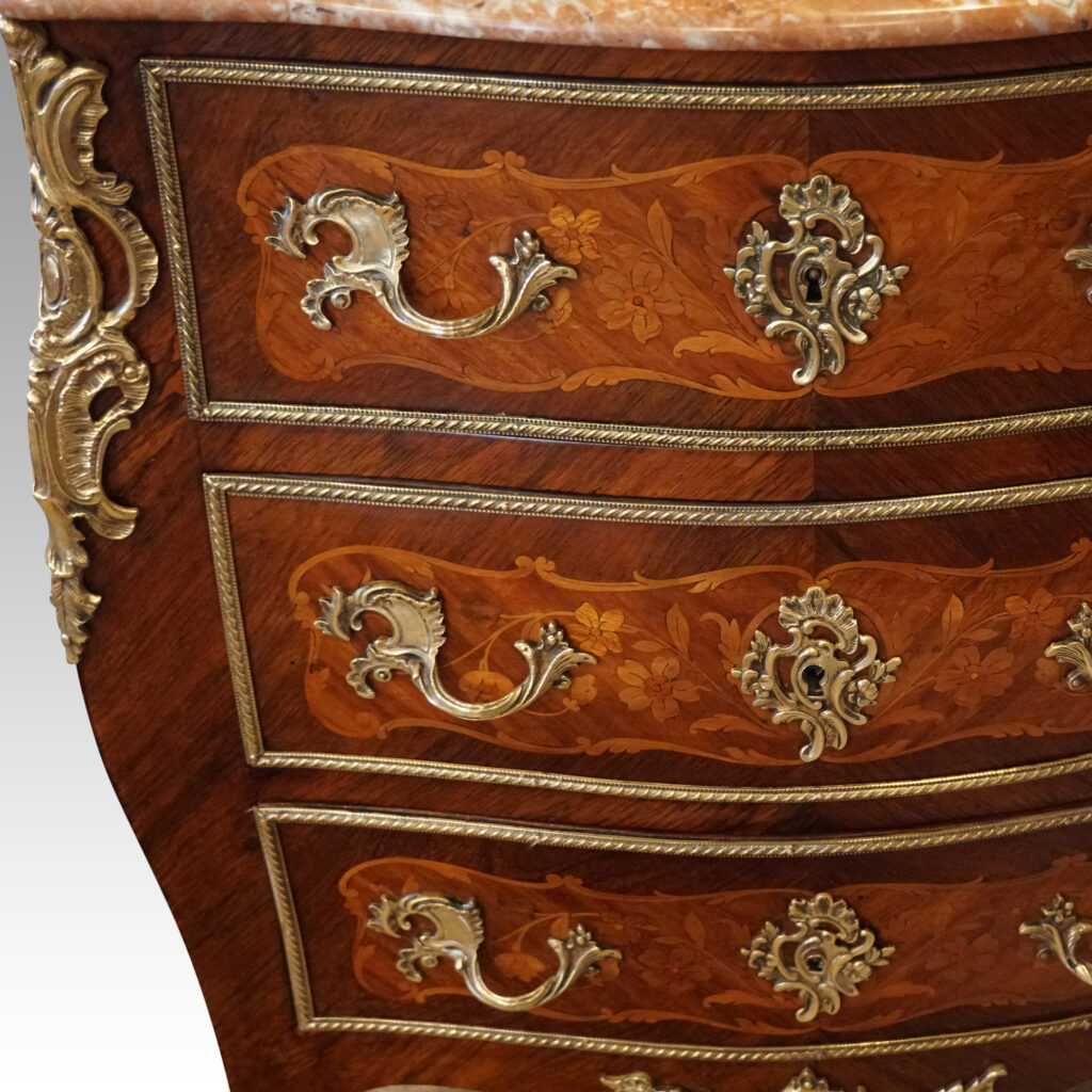 Small Continental marquetry commode drawer detail
