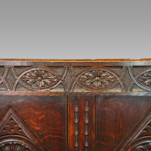 Victorian carved oak settle top rail
