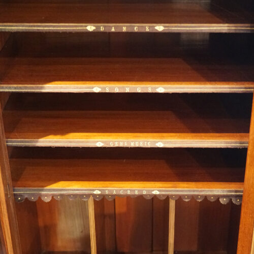 Victorian inlaid walnut music cabinet shelves