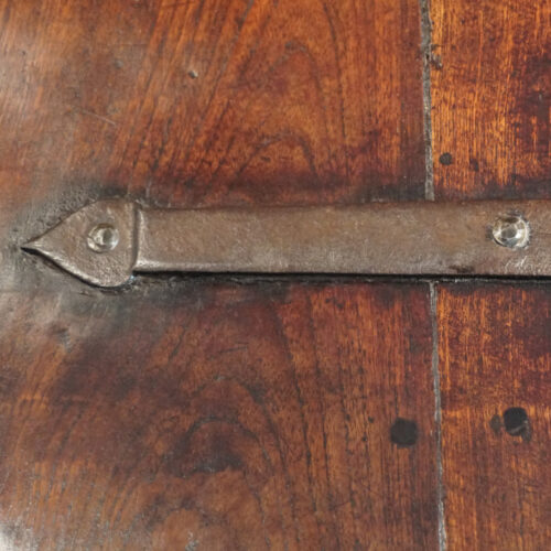 Antique iron bound merchants chest iron strap top