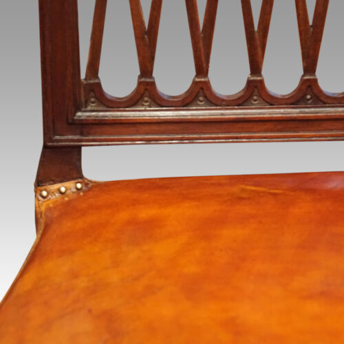 Set of 8 Edwardian mahogany lattice back chairs studding