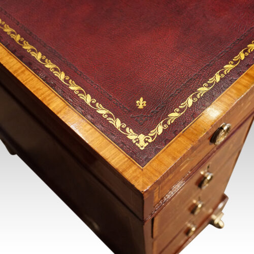 Edwardian inlaid mahogany pedestal desk corner tooling