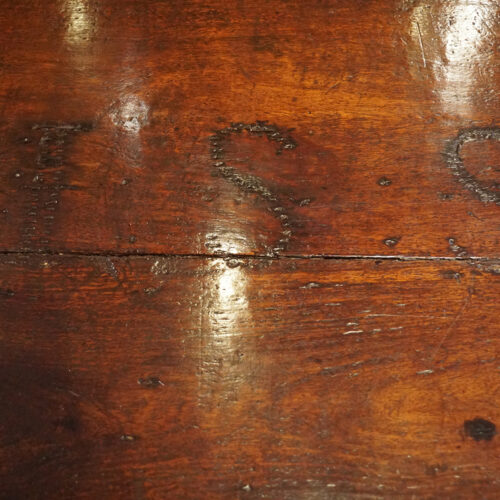 Antique teak merchants chest top detail