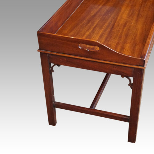 Mahogany butlers tray on stand side