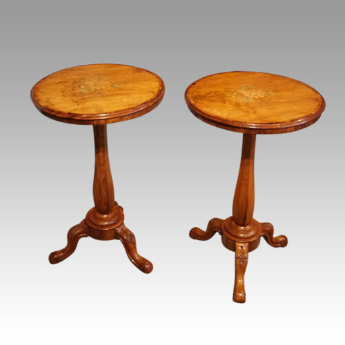 Pair Victorian walnut floral marquetry wine tables side view