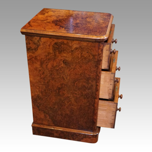 Pair of Victorian burr walnut bedside chests drawers open