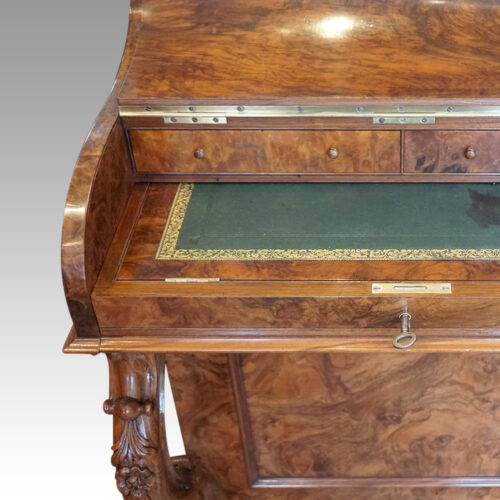 Victorian burr walnut Harlequin pop-up Davenport desk interior closed