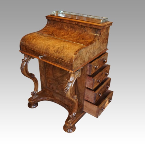 Victorian burr walnut Harlequin pop-up Davenport desk side drawers