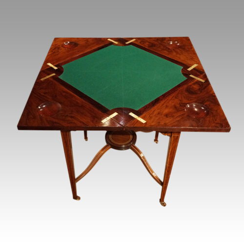 Edwardian inlaid rosewood envelope card table open