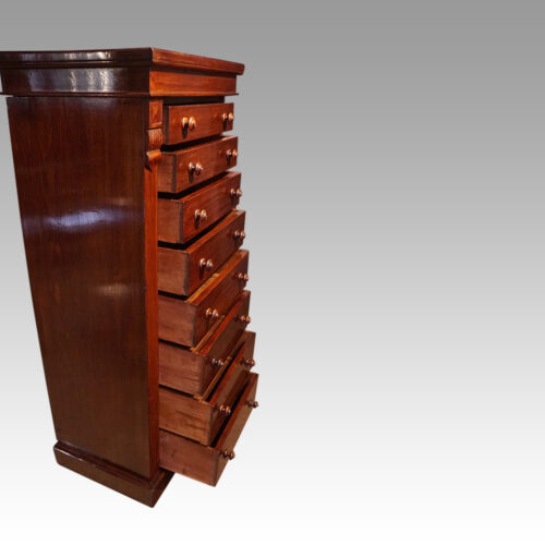 Victorian mahogany quartered Wellington chest drawers open