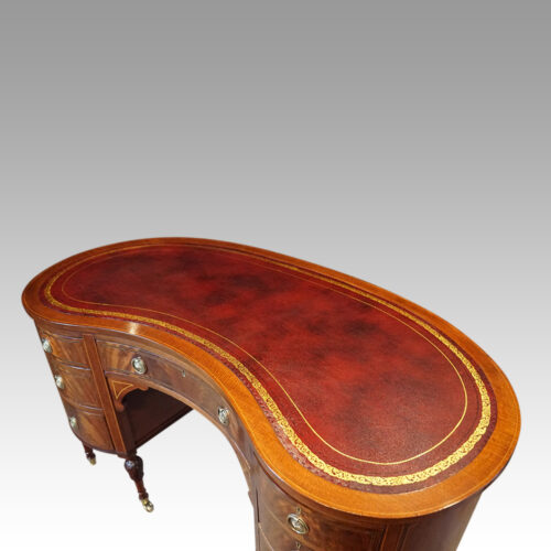 Edwardian inlaid mahogany kidney shaped desk top