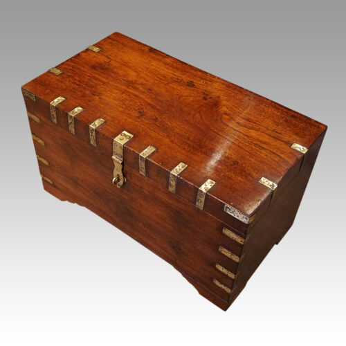 Victorian teak brass bound trunk angle