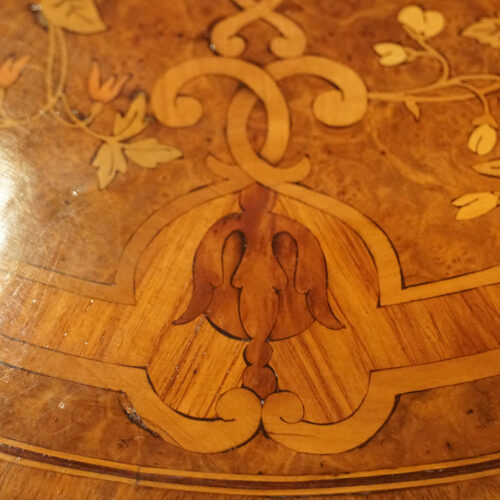 Victorian walnut marquetry centre table detail