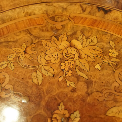 Victorian walnut marquetry centre table marquetry detail