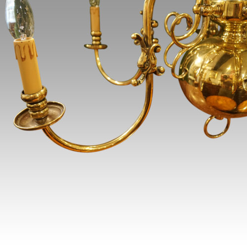 Dutch brass 6 arm chandelier arm detail