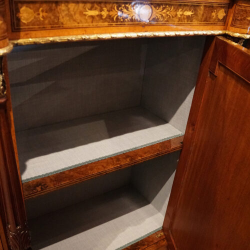 Victorian inlaid walnut flat front credenza cupboard interior